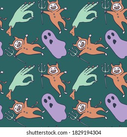 Zombie hand and devil on green backdrop. Halloween seamless pattern for wallpaper, wrap paper, sleeper, bath tile, apparel or bed linen Phone case or cloth print Doodle style stock vector illustration