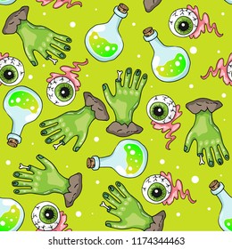 Zombie hand, eye and potion. Halloween theme seamless vector pattern with hand drawn illustrations