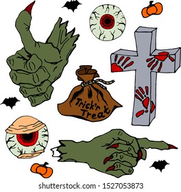 Zombie hand and eyes. Trick and Treat. Set of Halloween objects. Isolated on white background.