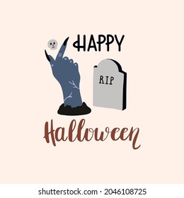 Zombie hand with finger heart sign. Decorated with Halloween lettering. Funny and cute illustration.