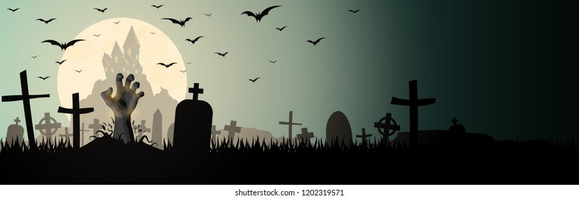 zombie hand in front of a castle and a full moon with grave stones and other scary illustrated elements for Halloween background layouts