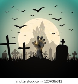 zombie hand in front of a castle and a full moon with grave stones and other scary illustrated elements for Halloween background layouts