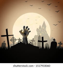 zombie hand in front of a castle and a full moon with grave stones and other scary illustrated elements for Halloween background layouts