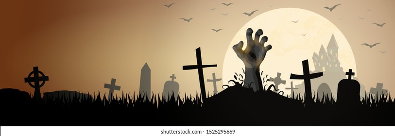 zombie hand in front of a castle and a full moon with grave stones and other scary illustrated elements for Halloween background layouts