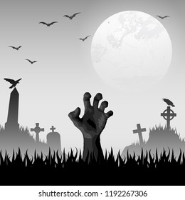 zombie hand in front of full moon with scary illustrated elements for Halloween background layouts