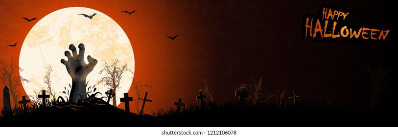 zombie hand in front of full moon with grave stones and other scary illustrated elements for Halloween background layouts
