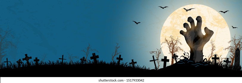 zombie hand in front of full moon with grave stones and other scary illustrated elements for Halloween background layouts