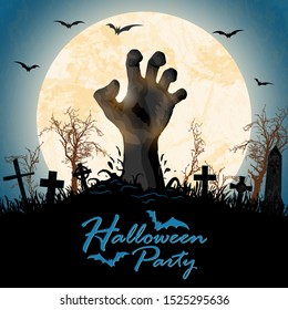 zombie hand in front of full moon with grave stones and other scary illustrated elements for Halloween background layouts