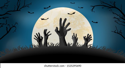 zombie hand in front of full moon with scary illustrated elements for Halloween background layouts