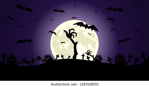 zombie hand in front of full moon with scary illustrated elements for Halloween background layouts