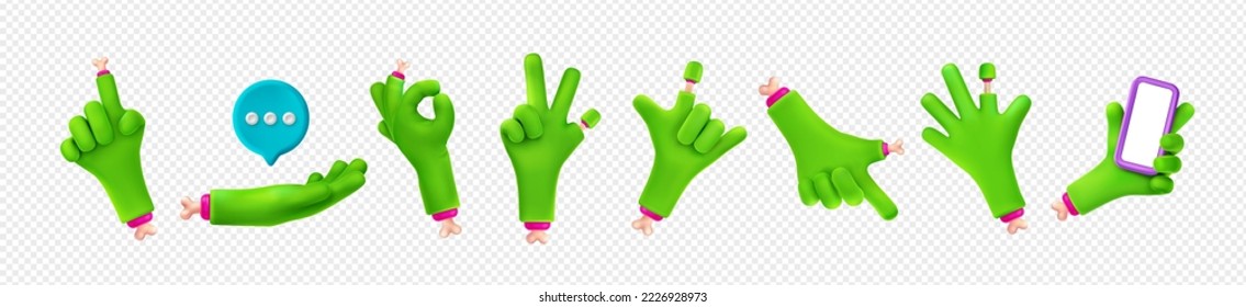 Los gestos de la mano zombis se establecen en un fondo transparente. Los dedos verdes de los monstruos con huesos espeluznantes apuntando, ok, victoria, hola, llámame gestos, sosteniendo el smartphone y el icono del chat. Ilustración vectorial 3D