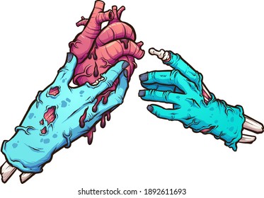Zombie hand giving a bleeding heart to another zombie hand. Vector clip art illustration with simple gradients. Some elements on separate layers.
