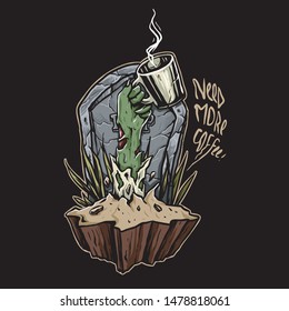 zombie hand with a glass of coffee with graveyard theme background