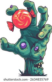 Zombie hand grabs candy in spooky halloween graphic vector art design