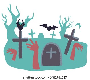 Zombie, hand from grave, bat, silhouette