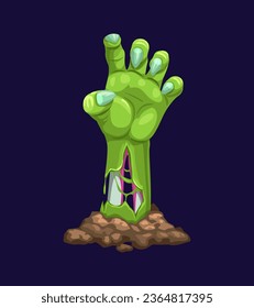 Zombie hand from grave, Halloween cartoon monster or undead corpse arm, vector horror holiday icon. Zombie hand reaching out of grave with green rotten bones fingers and spooky nails on cemetery grave