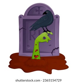 Zombie hand in a grave with scary raven sitting on it