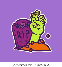 Zombie hand from grave sticker in cartoon style for print and design. Vector illustration.