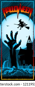 Zombie Hand from grave and witch flies on a broomstick on a background with Moon. Template design of invitation card, leaflet, banner, flyer for Halloween. Vector graphic illustration. Size 3.66x8.5in