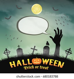 zombie hand in graveyard with cartoon speak bubble