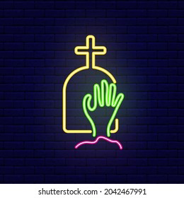Zombie Hand im Neonsymbol des Friedhofs. Fröhliches Halloween-Design. Nachtsichtzeichen. Äußerer leuchtender Effekt. Bearbeitbarer Strich. Einzelne Vektorgrafik