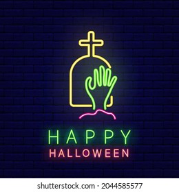 Zombie hand in the graveyard neon icon. Happy Halloween greeting card. Night bright sign. Outer glowing effect. Editable stroke. Isolated vector stock illustration