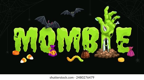 Zombie zombie hand, Halloween banner. Fall season creepy background, autumn horror festive backdrop or Happy Halloween scary vector banner with flying bats, zombie hand sticking from ground, candies