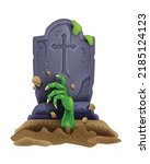 Zombie hand halloween icon, vector horror tombstone grave, comic cartoon monster green arm, ground. Cemetery cross, spooky rising undead illustration, scary holiday clipart. Zombie hand stone monument