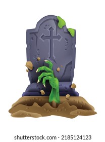 Zombie hand halloween icon, vector horror tombstone grave, comic cartoon monster green arm, ground. Cemetery cross, spooky rising undead illustration, scary holiday clipart. Zombie hand stone monument