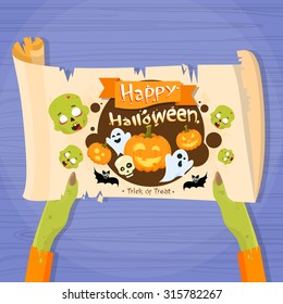 Zombie Hand Hold Ancient Manuscript Banner Ghost Pumpkin Face Cartoon Halloween Character Web Scroll Paper Party Invitation Card Vector Illustration