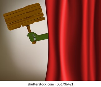 Zombie hand hold blank wooden signboard.Concept design for celebrate Halloween party in vector illustration