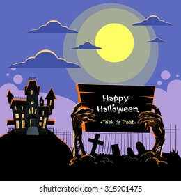 Zombie Hand Hold Board Dead Arms From Ground Graveyard Invitation Halloween House Party Flat Vector Illustration