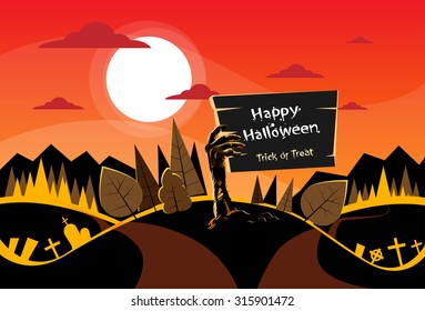 Zombie Hand Hold Board, Orange Autumn Woods, Halloween Dead Arms From Ground Two Way Forest Road Path Vector Illustration