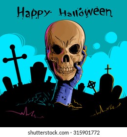 Zombie Hand Hold Dead Skull Head Undead Arm From Ground Graveyard Halloween Vector Illustration