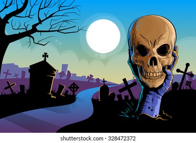 Zombie Hand Hold Dead Skull Head Undead Arm From Ground Graveyard Halloween Vector Illustration