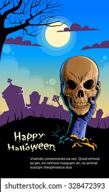 Zombie Hand Hold Dead Skull Head Undead Arm From Ground Graveyard Halloween Vector Illustration