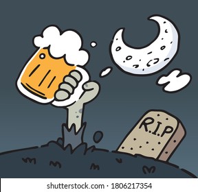 Zombie Hand holding a Beer Rising Out Of A Grave Scary and on cemetery Halloween background. Halloween Zombie Party. Vector illustration.