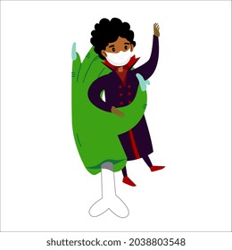Zombie hand holding boy in halloween vampire costume and protective face mask. Coronavirus protection for Halloween holiday concept. Vector illustration in cartoon style isolated on white background