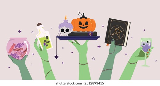 Zombie hand holding decoration of Halloween. Surprise for Happy Halloween. Halloween festival banner.