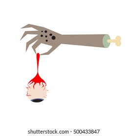 Zombie hand holding an eyeball vector illustration. Corpse hand with dangling eye.