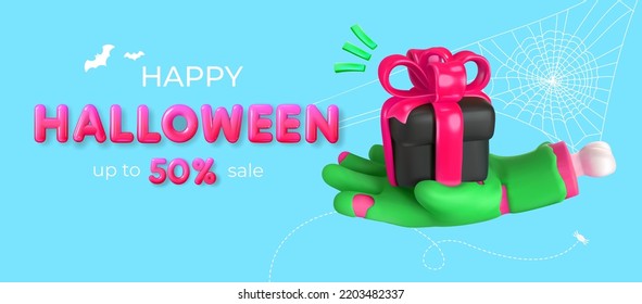 Zombie hand holding a gift. Banner in 3d style with discount or discount. Halloween gift. Vector illustration