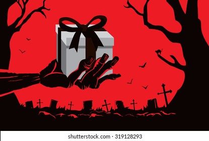 Zombie hand holding gift box front the grave in the cemetery at night. This illustration is Halloween theme