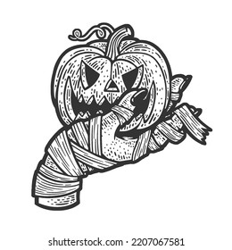 zombie hand holding halloween pumpkin Jack o lantern sketch engraving vector illustration. Scratch board imitation. Black and white hand drawn image.