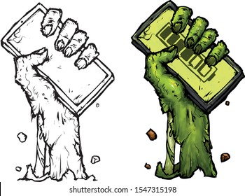 zombie hand holding mobile phone