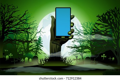 Zombie Hand holding the phone in Moonlight. Smartphone blank screen up from the grave in the cemetery at night. Halloween background