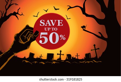 Zombie hand holding red circle label front the grave in the cemetery at night. This illustration is Halloween theme