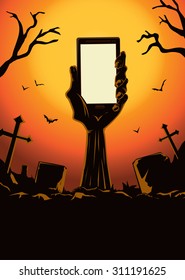 Mano zombie sosteniendo una pantalla en blanco del smartphone desde la tumba en el cementerio por la noche. Esta ilustración es tema de Halloween