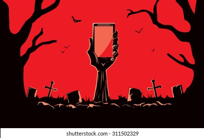 Zombie hand holding smartphone blank screen up from the grave in the cemetery at night. This illustration is Halloween theme