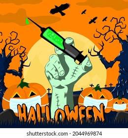 Zombie hand holding a syringe on Halloween night.