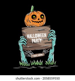 zombie hand holding wooden illustration with pumpkin head
